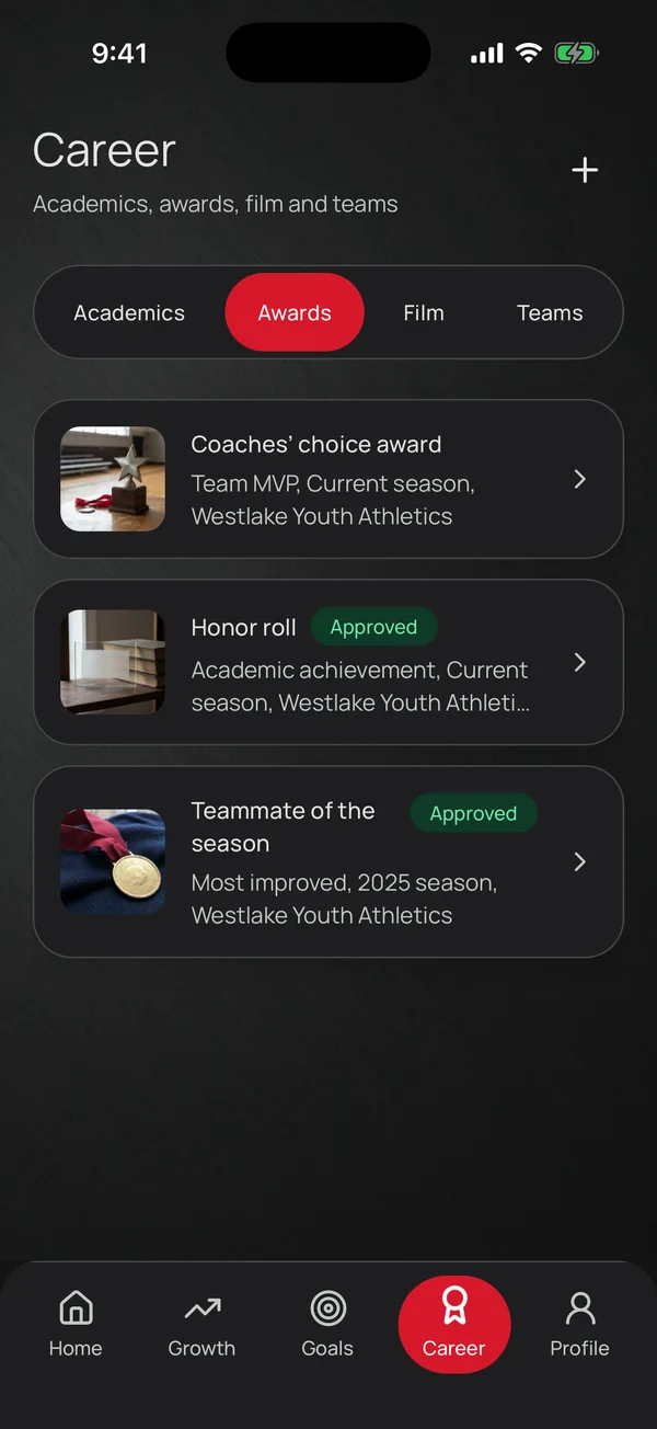 The Career screen listing three awards with photos, including Coaches’ choice award and Honor roll.