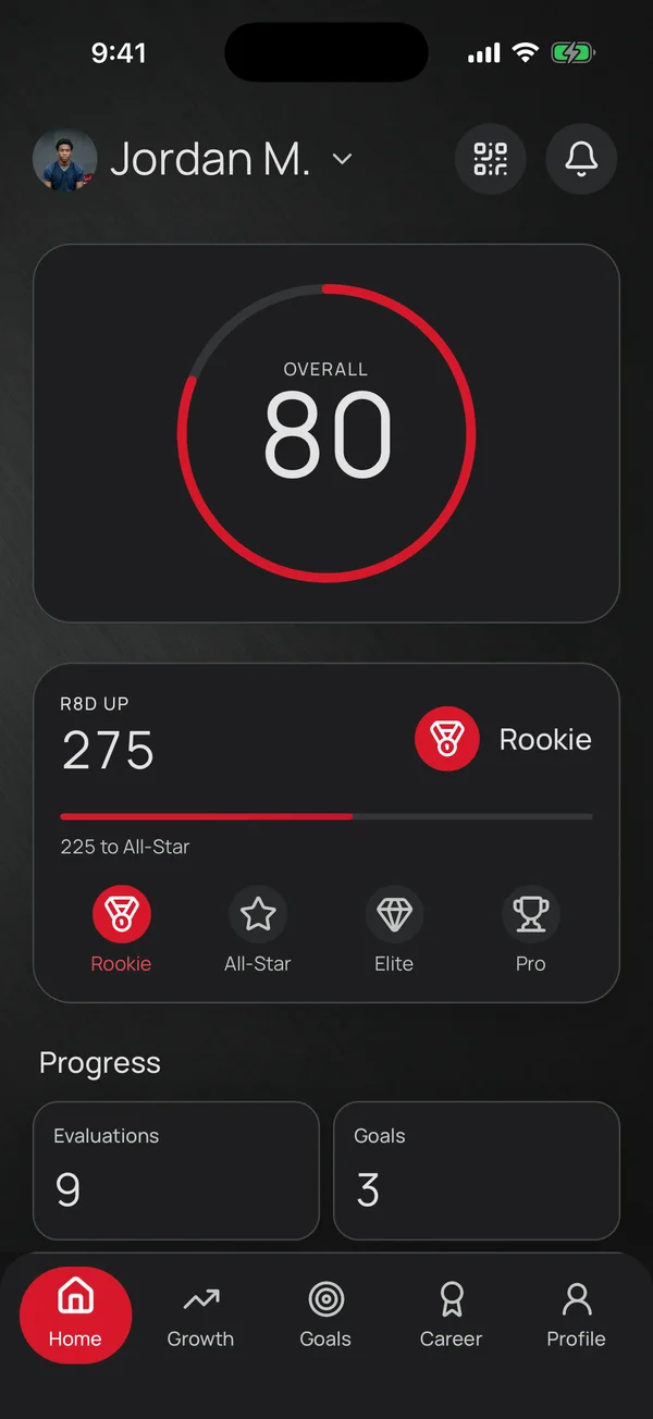 The R8D Athlete Home screen with an Overall rating of 80 and 275 R8D UP points in the Rookie league.