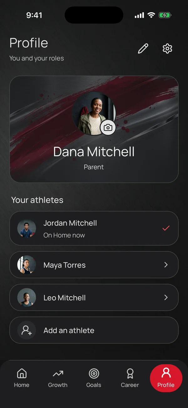 A parent profile for Dana Mitchell with three athletes to switch between.