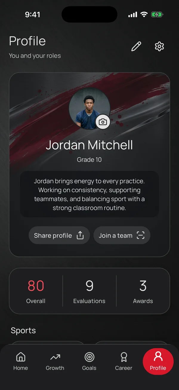 An athlete profile card for Jordan Mitchell, grade 10, with an Overall of 80, 9 evaluations and 3 awards.