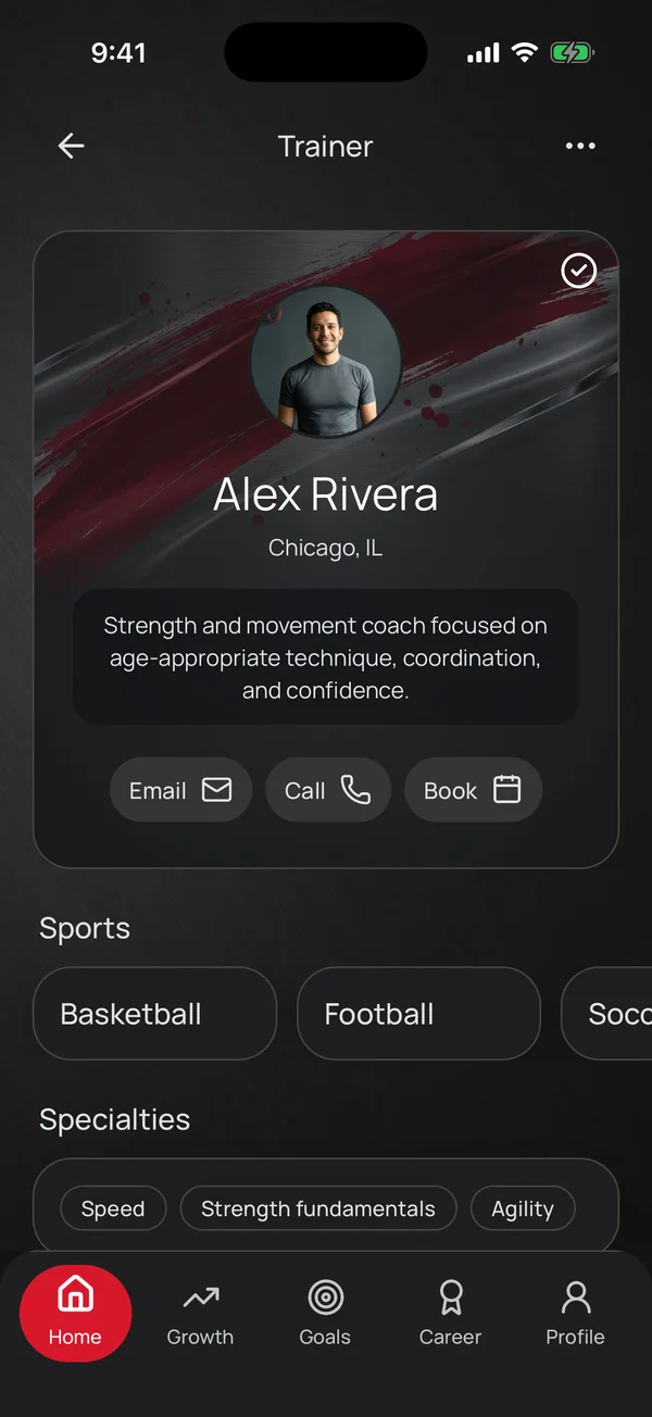 The trainer profile for Alex Rivera in Chicago, with sports, specialties and buttons to email, call or book.
